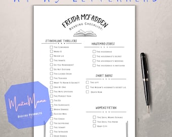 Freida McFadden reading log, printable book checklist, Thriller author book checklist, pdf reading checklist, black and white print