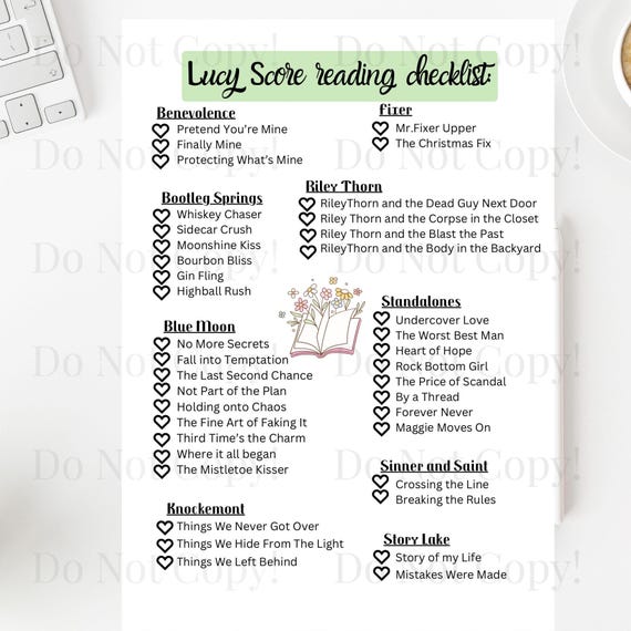 Lucy Score cozy reading checklist printable, Lucy Score romance novel book list, book journey checklist for Lucy series and standalones