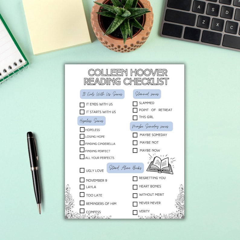 Colleen Hoover blue cozy reading session book checklist, coho reading log digital download, romance novels reading log, book worm image 3