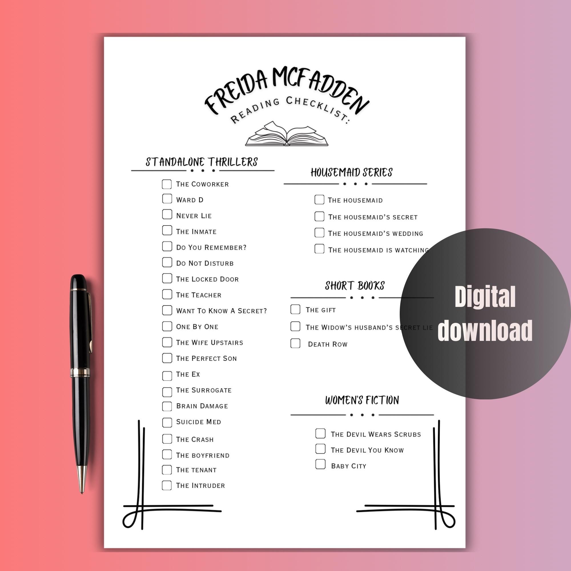 Freida McFadden book list reading log, printable checklist, Thriller author book checklist, pdf reading checklist, black and white print