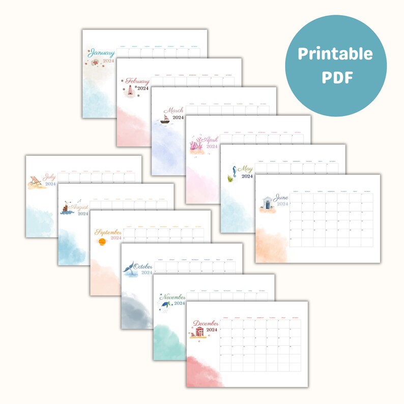 2024 Printable Seaside Calendar Printable Monthly Calendar Etsy