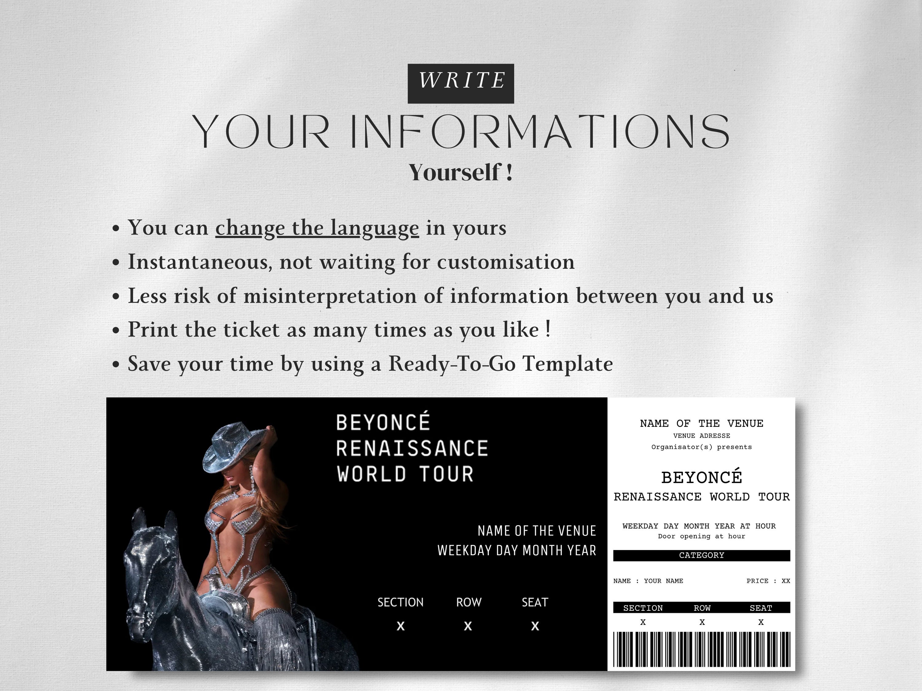 Beyoncé Editable Concert Ticket Template Canva Personalized Etsy