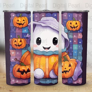 May include: A white ghost wearing a purple scarf and holding a jack-o'-lantern. The ghost is surrounded by jack-o'-lanterns on a purple and blue checkered background with stars.