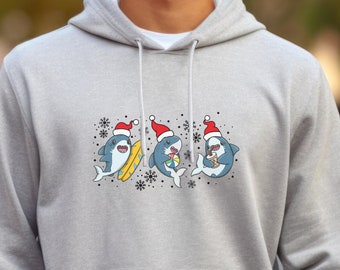 Cute Sharks Pullover Hoodie with Santa Hats great for Christmas Holidays