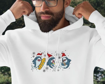 Christmas Sharks Hoodie with Santa Hats | Shark Lover Sweatshirt | Snowflakes Hoodies