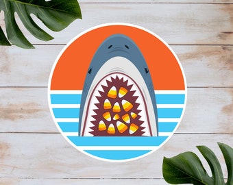 10 Shark Halloween stickers - eating candy corn great as party favors or trick or treat
