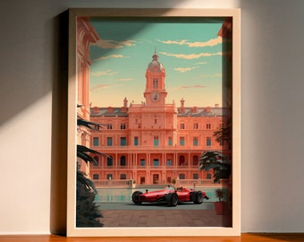 Wes Anderson Inspired Ferrari Formula One Digital Art Download, Racing, Game Room, Wall Art, Deco, Formula 1, Monaco, Grand Prix, Poster