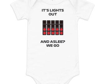 It's Lights Out and Asleep We Go Onesie, Formula One Baby Clothes, Formula One Infant Clothes, Cute, Adorable, F1, Racing, Verstappen