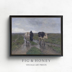 Rustic Farmhouse Decor | Vintage Cow Landscape Painting | Kitchen Wall Art | Printable Art | FH-052