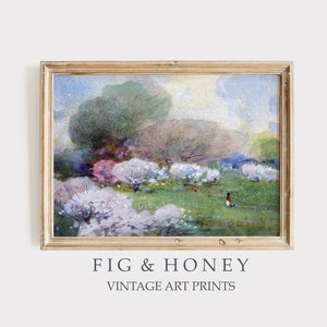 Rustic Farmhouse Decor | Antique Cherry Blossom Landscape Painting | Vintage Watercolor Painting Print | Printable Art | FH-022