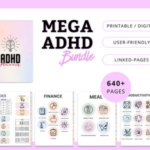 Op de afbeelding: Een digitale plannerbundel voor mensen met ADHD. De omslag toont een brein met een gloeilamp erin en de tekst "ADHD Planner". De bundel bevat secties voor index, financiën, maaltijdplanning en productiviteit. De tekst "MEGA ADHD Bundle" staat bovenaan de afbeelding. De tekst "640+ PAGES" staat in een cirkel onderaan de afbeelding.