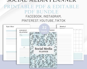 May include: A printable social media planner with 32 pages. The planner is designed for Facebook, Instagram, Pinterest, YouTube, and TikTok. The cover features a blue and white watercolor design with leaves.
