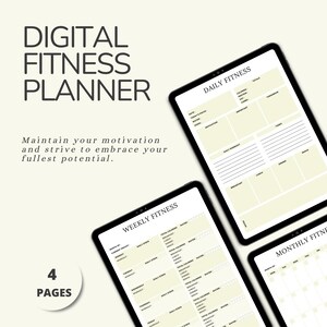 May include: Digital fitness planner with four pages. The pages include a daily fitness tracker, a weekly fitness tracker, and a monthly fitness tracker. The pages are designed to help you track your progress and stay motivated.
