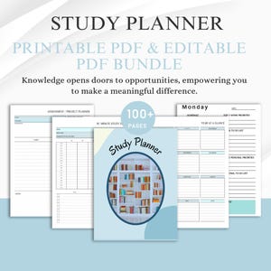 Pode incluir: Um planejador de estudos imprimível azul e branco com mais de 100 páginas. A capa apresenta uma estante com livros coloridos e o texto "Study Planner".
