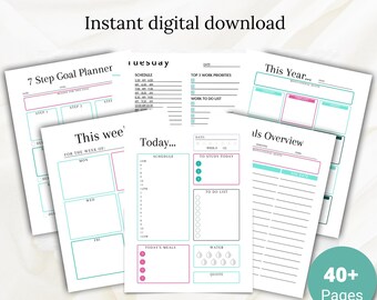 May include: Printable study planner with pages for goal setting, weekly schedules, daily to-do lists, and meal tracking. The planner features a turquoise and pink colour scheme.