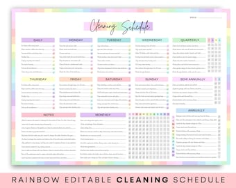 Könnte beinhalten: Ein druckbarer Regenbogen-Reinigungsplan mit einer Checkliste für tägliche, wöchentliche, monatliche, vierteljährliche, halbjährliche und jährliche Aufgaben. Der Plan enthält einen Notizbereich und ein Kalenderrraster zur Verfolgung von Reinigungsaufgaben.
