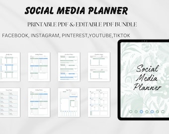 May include: A digital screen displaying a social media planner with a green and white floral pattern. The text "Social Media Planner" is written in black on the screen. The planner is for Facebook, Instagram, Pinterest, YouTube, and TikTok.