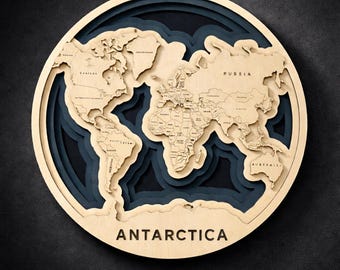 Mapa mundial de 5 capas SVG / Archivo de mapa para corte láser con nombres de países / DXF / Arte mural Glowforge / Mapa de madera multicapa / Descarga instantánea