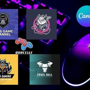 May include: A collage of five gaming channel logos with a purple gaming mouse and mousepad. The logos feature a gorilla, a cat, a skull, a bull, and a game controller. The text on the logos includes "Kong Game Channel", "Borcelle Gaming Channel", "Papa Gaming", "Cruel Bull Gaming Channel", and "Editable". The logos are displayed on a black background with a purple keyboard in the background.