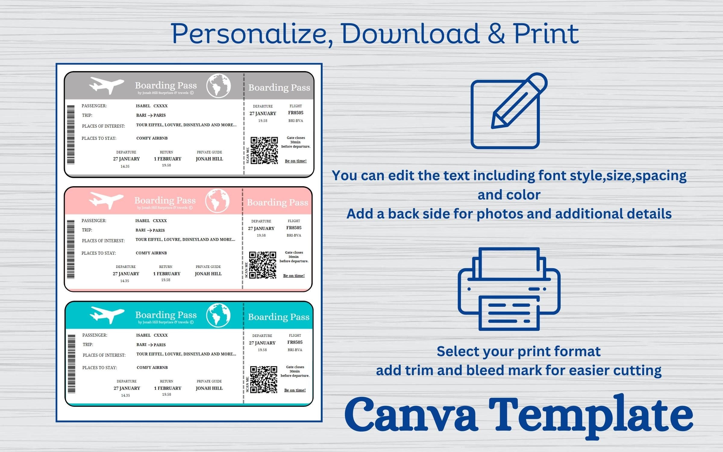 Boarding Pass Template Printable | Airplane Ticket | Instant Download ...