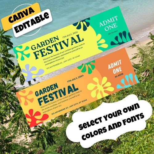 Printable Garden Festival Ticket Template, Editable Event Ticket, Canva Template, Custom Event ...