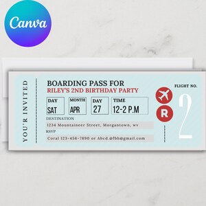 Cartão de embarque editável, passagem de avião personalizada, aniversário do cartão de embarque, convite do cartão de embarque, convite de aniversário, modelo Canva Pro!!