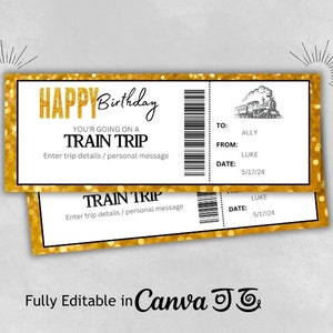 Zugreise-Karte Gold Zug Gutschein | Bearbeitbares Geburtstagsticket | Zugreise Zertifikat | Überraschungszug Bordkarte | Canva Vorlage!!