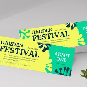 Puede incluir: Dos entradas para un Festival de Jardín, con un diseño floral abstracto en amarillo y verde. Las entradas indican "GARDEN FESTIVAL" y "ADMIT ONE" con la fecha "7TH JULY, 2024".