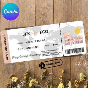 Presente de aniversário para impressão, modelo de voucher de embarque, presente de revelação de férias, presente personalizado para marido/esposa, modelo Canva Pro