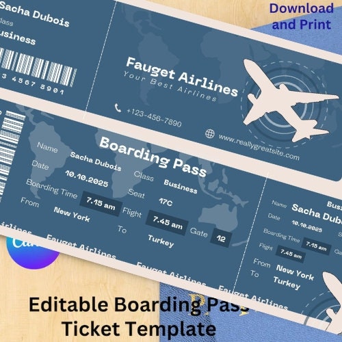 Editable Boarding Pass Template Printable Airline Ticket Canva