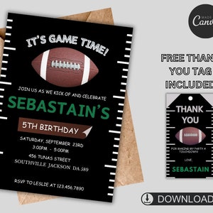 Faire-part de fête de football, invitation d'anniversaire de football, fête du hayon, anniversaire de garçon, modèle numérique modifiable, modèle Canva Pro !!!