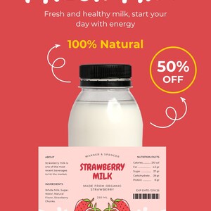 Strawberry Milk Bottle Label Printable Milk Bottle Label Editable Milk Bottle Label Instant ...