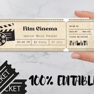 Vintage Kinokarte Vorlage | Veranstaltungsticket-Vorlage | DIY Kinokarte | Druckbare Kinokarte | Canva Vorlage | Personalisiertes Geschenk
