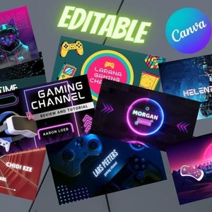 Puede incluir: Un collage de banners de canal de YouTube coloridos y con temática de neón para juegos. Los banners presentan varios temas de juegos, que incluyen realidad virtual, controladores y luces de neón. El texto en los banners incluye "Gaming Channel", "Gaming Time", "Review and Tutorial" y "Live Streaming".