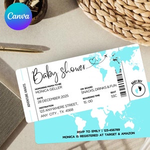 Bearly Warten Babypartyeinladung - Bordkarte Reise-moderne blaue Mädchen-Babyparty-Einladung | Canva Pro Vorlage!!!