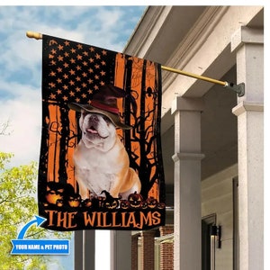 USA MADE Personalized Pet Halloween Flag | Custom Double Side Dog Cat Fall Halloween Patriotic USA Welcome Garden Flag, House Flag, Yard