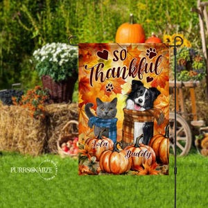 Personalized Thanksgiving Pet Flag, Custom Dog Cat Photo & Name Flag, So Thankful Double Sizes Flag, Pet Lovers Gift