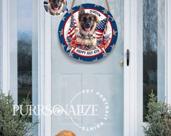Personalized 4th of July Pet Door Hanger, Happy July 4th Welcome Round Wood Sign, Personalized Gift For Pet Lovers, Custom Pet Door Hanger
