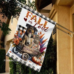 Personalized Fall In Love Pet Flag, Custom Dog Cat Photo & Name Flag, Pet on Wagon Double Sizes Flag, Pet Lovers Gift