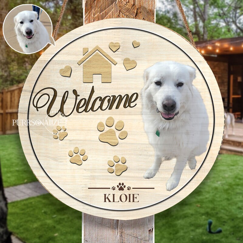 Custom Photo Name Pet Round Wood Sign, Welcome Dog Cat Door Hanger ...