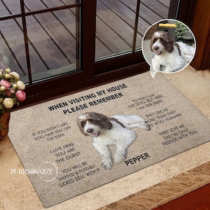 Op de afbeelding: Een bruine en witte hond genaamd Pepper ligt op een welkommat. De mat heeft een bruine achtergrond met zwarte tekst die "When visiting my house please remember..." en "To you I am the dog, but here, I am the baby." luidt. De mat heeft ook een zwarte rand.