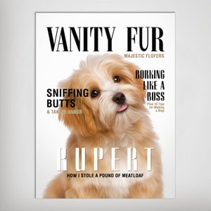 Una stampa su tela personalizzata per poster per animali domestici "Vanity Fur" / Stampe personalizzate per cani e gatti / Copertine di riviste per animali domestici / Tela per poster con ritratto personalizzato per animali domestici