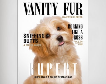 Una stampa su tela personalizzata per poster per animali domestici "Vanity Fur" / Stampe personalizzate per cani e gatti / Copertine di riviste per animali domestici / Tela per poster con ritratto personalizzato per animali domestici