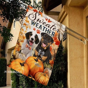 Personalized Thanksgiving Pet Flag, Custom Dog Cat Photo & Name Flag, Sweater Weather Double Sizes Flag, Pet Lovers Gift