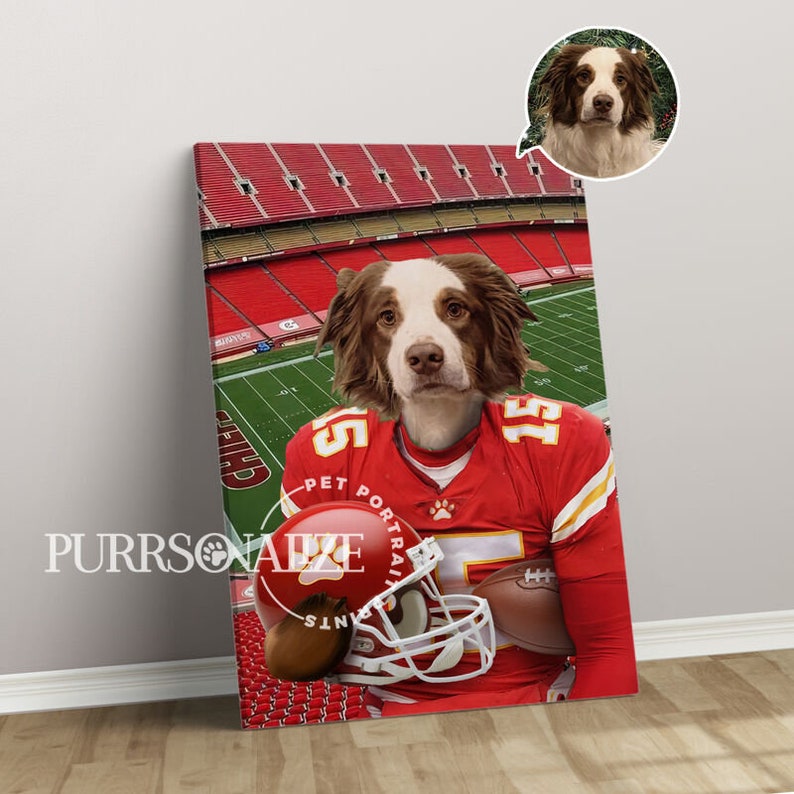 May include: A brown and white dog wearing a red and white football jersey with the number 51 on it. The dog is holding a football helmet in its paws. The background is a red and white football stadium.