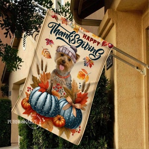 Personalized Happy Thanksgiving Pet Flag, Custom Dog Cat Photo & Name Flag, Pumpkin  Double Sizes Flag, Pet Lovers Gift