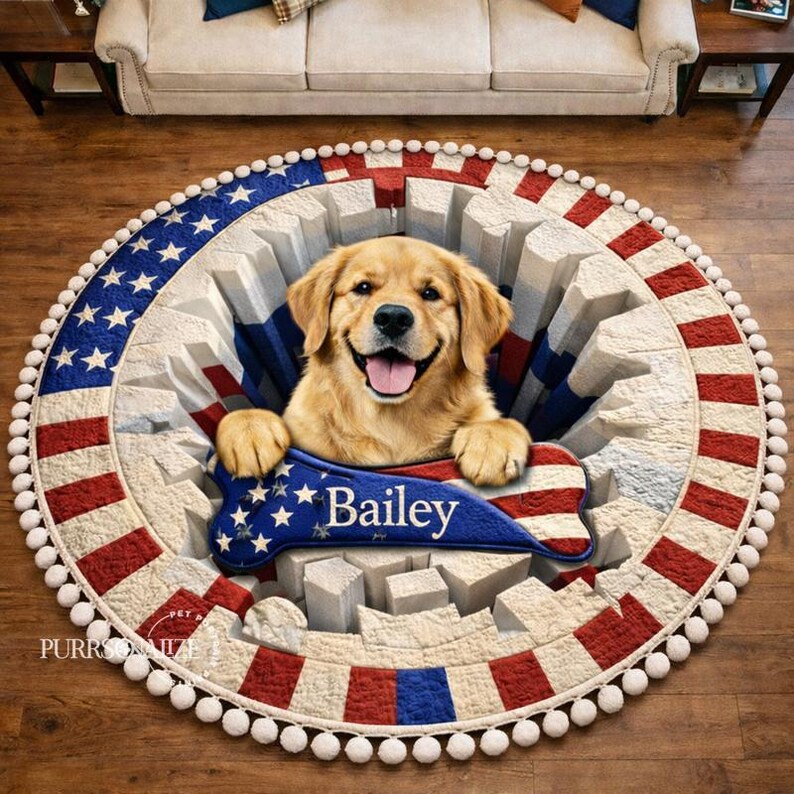Golden Rug Pom Custom America 250 Anniversary Dog Cat Pom Poms Round Rug, Personalized ...