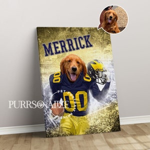 USA MADE Personalized Football Pet Portrait, 'Michigan Football Pet Portrait", Custom Dog Canvas Poster Portrait, Cat Print Digital Download