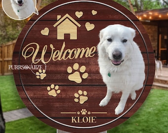 Custom Photo Name Pet Round Wood Sign,  Welcome Dog Cat Door Hanger, Personalized Dog Cat Door Sign, Pet Lovers' Gift, Pet Home Decor Sign