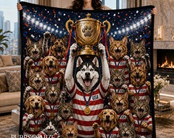 Personalisierte Weltmeister Trophäe Tier Porträt Decke, Benutzerdefinierte Hunde & Katzen Fußball Decke, Weltmeisterschaft 2026 Überwurf, Hund Katzen Liebhaber Geschenk